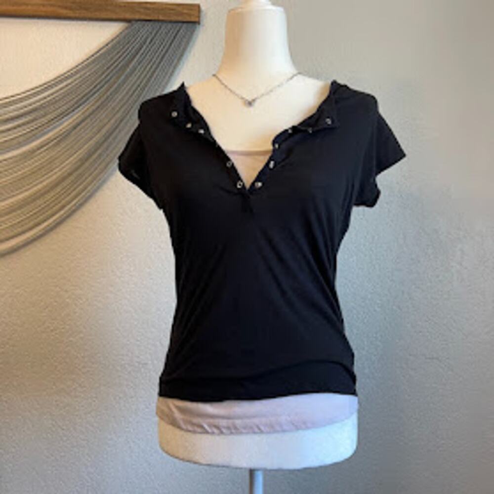 VTG Y2K 2-in-1 Sz L Layered Henley Deep V Snap Button Top Black White